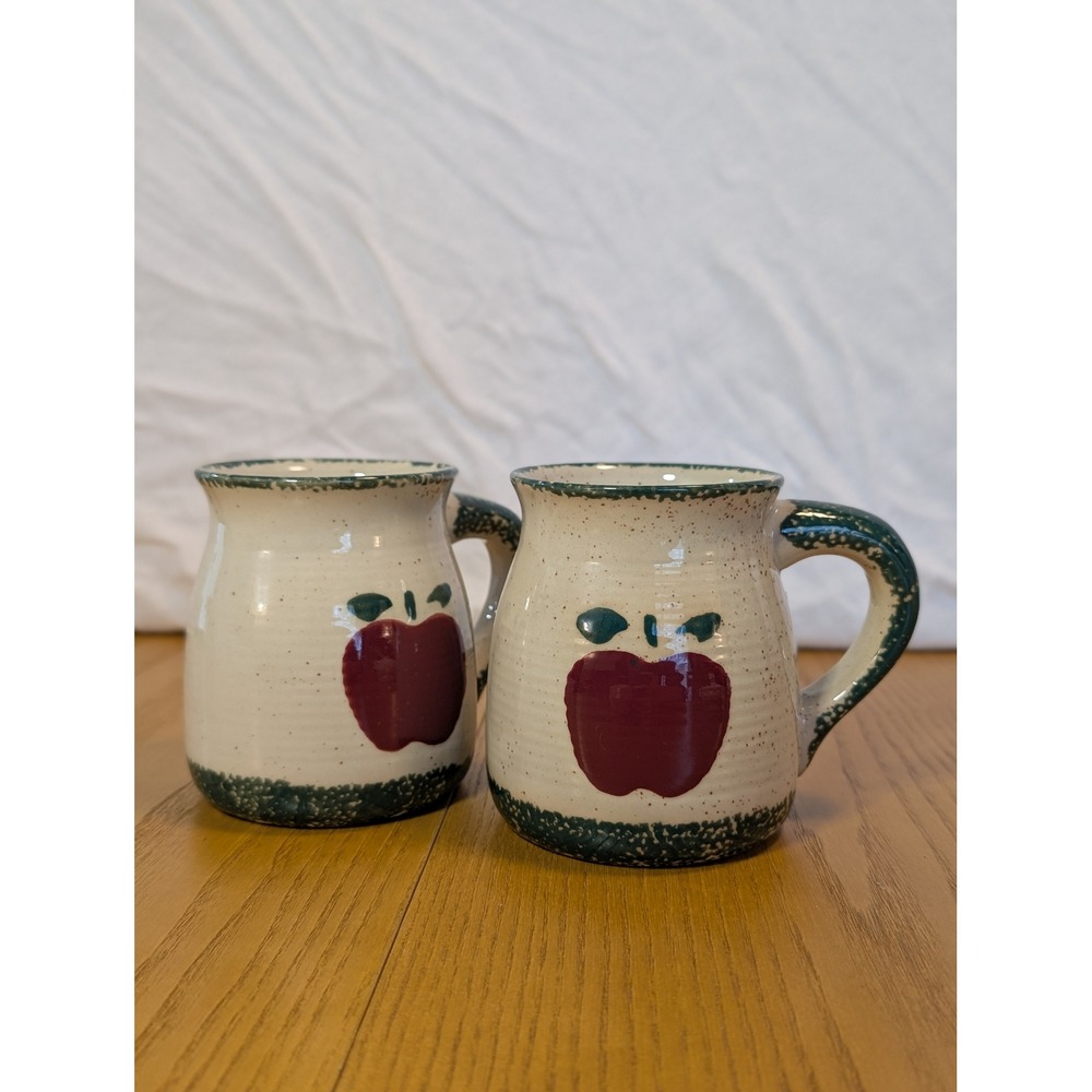 Vintage Stoneware Apple Mugs 2 Hand Painted Green Sponge Farmhouse Speckled